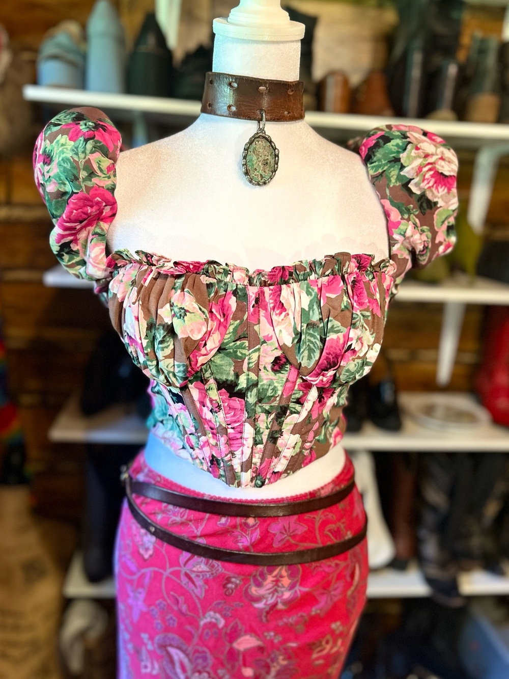 LPA Floral 13-Bone Corset Top Puff Sleeve Structured Bodice Size S